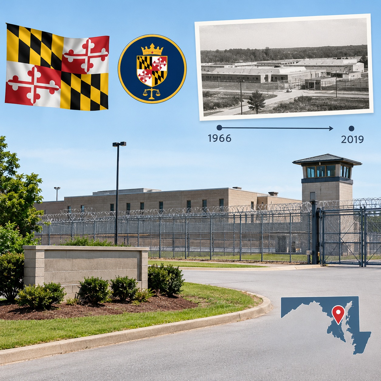 Exterior view of Brockbridge Correctional Facility with Maryland flag, historical timeline, and state location map.